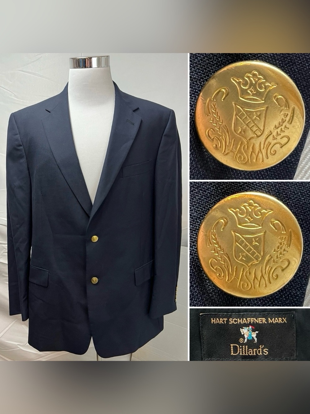 Hart Schaffner Marx Men's 44R Navy Blue Gold Button Blazer Jacket Sport Coat